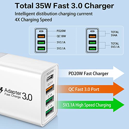 35W USB C Charger Block, 4-Port Upgraded USB Wall Charger USB-C Power Adapter with 2 Pack 10FT Right Angle USB C Cables Compatible for Samsung S22,Google Pixel 7,6,Tablet White