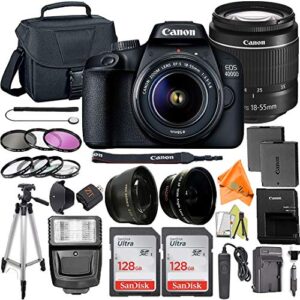 canon eos 4000d / rebel t100 dslr camera 18-55mm zoom lens + zeetech accessory bundle with 2 pack sandisk 128gb memory card, padded case, tripod and telephoto & wideangle lenses kit (renewed)