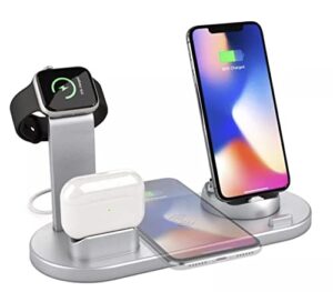zendeu wireless charger – 6 in 1 charger station – wireless charging station – phone charging station – wireless charging station for apple products – phone and watch charging station (silver)