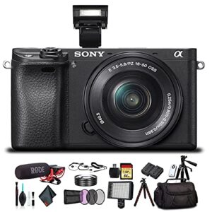 sony alpha a6300 mirrorless camera with 16-50mm lens black ilce6300l/b with soft bag, tripod, additional battery, rode mic, led light, 64gb memory card, card reader, plus essential accessories