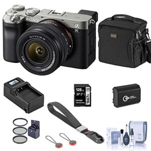 sony alpha 7c mirrorless digital camera with fe 28-60mm f/4-5.6 lens, silver, bundle with bag, 128gb sd card, extra battery, compact charger, wrist strap, filter kit, cleaning kit