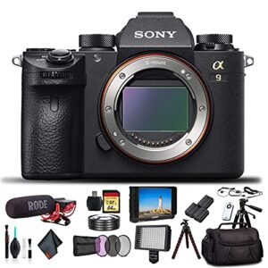 sony alpha a9 mirrorless camera ilce9/b with soft bag, 2x extra batteries, rode mic, led light, external hd monitor, 2x 64gb memory card, sling soft bag, card reader, plus essential accessories