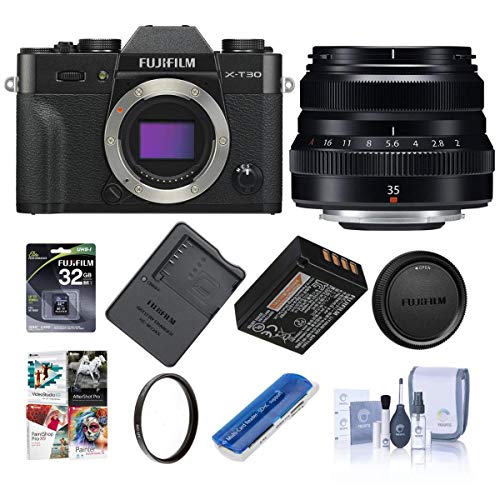Fujifilm X-T30 Mirrorless Digital Camera Body, Black XF 35mm F/2 R WR Lens, Black - Bundle with 32GB SDHC Card, 43mm UV Filter, Cleaning Kit, Card Reader, Software Package