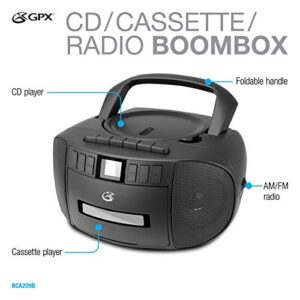 GPX BCA209B Portable Am/FM Boombox with CD and Cassette Player, Black