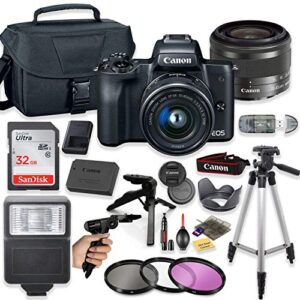 canon eos m50 mirrorless digital camera (black) with 15-45mm stm lens + deluxe accessory bundle including sandisk 32gb card, canon case, flash, tripod, 50″ tripod, filters and more. (renewed)