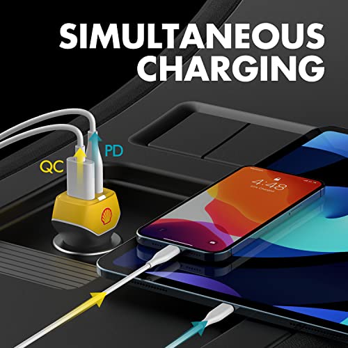 Shell Dual USB C Car Charger 38W Mini Quick USB Power Adapter, 20W PD USB C + 18W QC USB A Fast Charging for iPhone 12/Pro/Max/Mini/Magnet Snap, iPad Air/Mini, Android, and More.