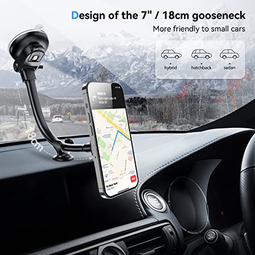 7" Magnetic Car Phone Holder, Windshield Dashboard Phone Holder Car, Gooseneck Suction Phone Car Mount with Multiple N52 Magnets, Designed for iPhone 13 Series, Compatible with Most Smartphones.