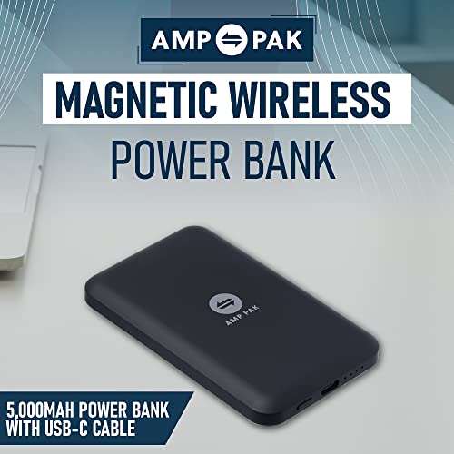 AMP PAK Magnetic Power Bank Wireless Portable Charger for iPhone, 5000mAh 15W Fast Wireless Charger for Cordless Rush Charge, Compatible with MagSafe Magnetic Cases and Qi Enabled Devices (Black)