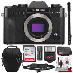 fujifilm x-t30 4k wi-fi mirrorless digital camera (body only) – black with 64gb deluxe bundle and travel photo cleaning kit