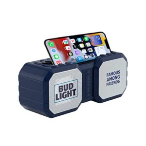 bud light rugged bluetooth speaker with phone holder – water resistant – phone holder – micro sd card reader – fm radio – carrying handle – bluetooth speaker