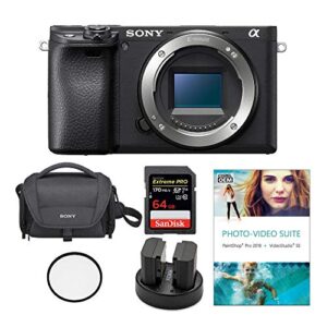 sony alpha a6400 24.2mp mirrorless digital camera (body only) bundled with corel photo software, koah power kit, carrying case, 64gb sdxc card, and accessories (6 items)