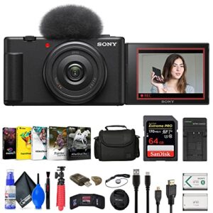 sony zv-1f vlogging camera (black) (zv1f/b) + case + 64gb card + np-bx1 battery + photo software + hdmi cable + charger + flex tripod + memory wallet + cap keeper + cleaning kit (renewed)