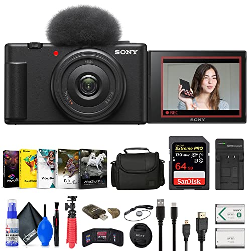 Sony ZV-1F Vlogging Camera (Black) (ZV1F/B) + Case + 64GB Card + NP-BX1 Battery + Photo Software + HDMI Cable + Charger + Flex Tripod + Memory Wallet + Cap Keeper + Cleaning Kit (Renewed)