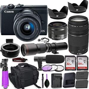 canon eos m100 mirrorless camera (black) w/m-adapter & canon lenses – ef-m 15-45mm f/3.5-6.3 is stm and ef 75-300mm f/4-5.6 iii + 500mm preset telephoto lens + deluxe travel accessory bundle (renewed)