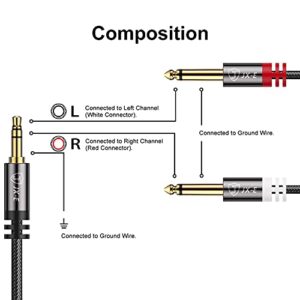 JX-E 3.5mm to 1/4 Adapter, 1/8 to 1/4 Stereo Cable, 3.5mm TRS to Dual 6.35mm TS Mono Breakout Cable Y Splitter Adapter Compatible with iPod, CD Player, Multimedia Speaker, Home Stereo System, 6 Feet