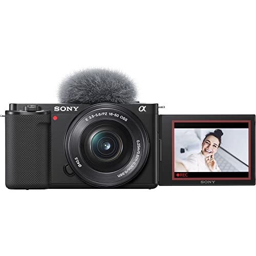 Sony ZV-E10 Mirrorless Camera with 16-50mm Lens (Black) (ILCZV-E10L/B) + Sony 18-105mm Lens + 4K Monitor + Pro Mic + 2 x 64GB Memory Card + Color Filter Kit + Filter Kit + More (Renewed)