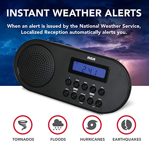 RCA – NOAA Emergency Weather Alert Radio with AM/FM Radio, Digital Clock and Alarm – AC or Battery Powered (RCWR7)