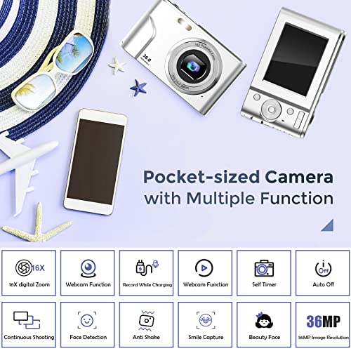 TOBERTO HD 1080P Digital Camera, 36MP 16X Digital Zoom Vlogging Mini Camera with LCD, Digital Point and Shoot Camera Video Camera, for Kids Students Beginners Beauty Face (Silver)