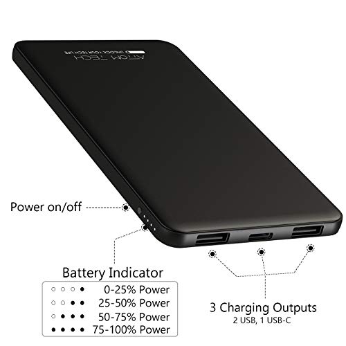 Attom Tech 10000mAh Triple USB Outputs Slim Power Bank Ultra Thin, Mini Portable Charger External Phone Battery Pack Small Dual USB Outlet, Emergency Phone Power Backup
