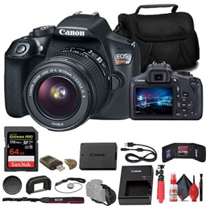 canon eos rebel t6 dslr camera with 18-55mm lens (1159c003) + 64gb memory card + card reader + case + flex tripod + hand strap + memory wallet + cap keeper + cleaning kit (renewed)