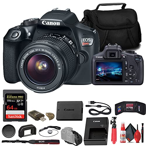 Canon EOS Rebel T6 DSLR Camera with 18-55mm Lens (1159C003) + 64GB Memory Card + Card Reader + Case + Flex Tripod + Hand Strap + Memory Wallet + Cap Keeper + Cleaning Kit (Renewed)