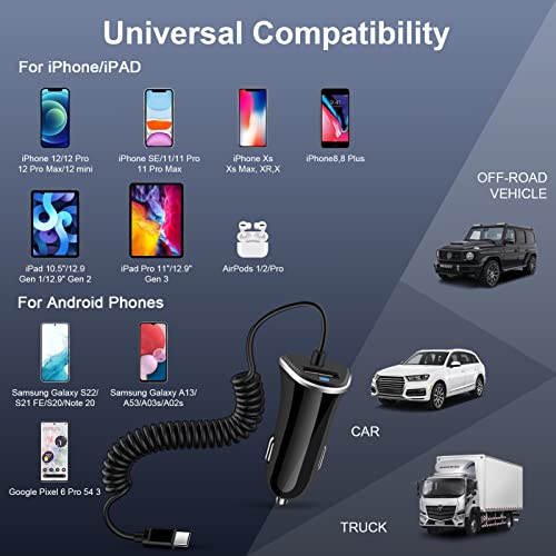 Android Type C Fast Car Charger for Samsung Galaxy S23 A14 A54 Z Fold 4 Z Flip 4 S22 Ultra A53 A13 A03s A32 A52 S21 FE S20,3.4A Fast Car Charging Cigarette Lighter Adapter with 3ft USB C Coiled Cable