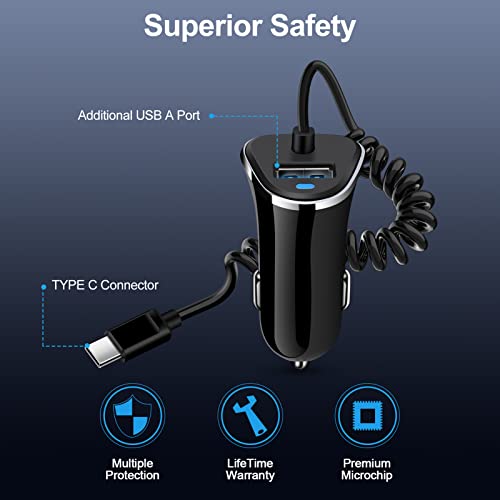 Android Type C Fast Car Charger for Samsung Galaxy S23 A14 A54 Z Fold 4 Z Flip 4 S22 Ultra A53 A13 A03s A32 A52 S21 FE S20,3.4A Fast Car Charging Cigarette Lighter Adapter with 3ft USB C Coiled Cable