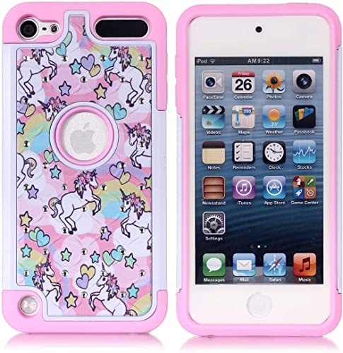 Apple iPod Touch 6,7th Case, iPod 7th Case, Rainbow Unicorn Pattern Shockproof Studded Rhinestone Crystal Bling Hybrid Case Silicone Protective Armor for Apple iPod Touch 6 7th Generation