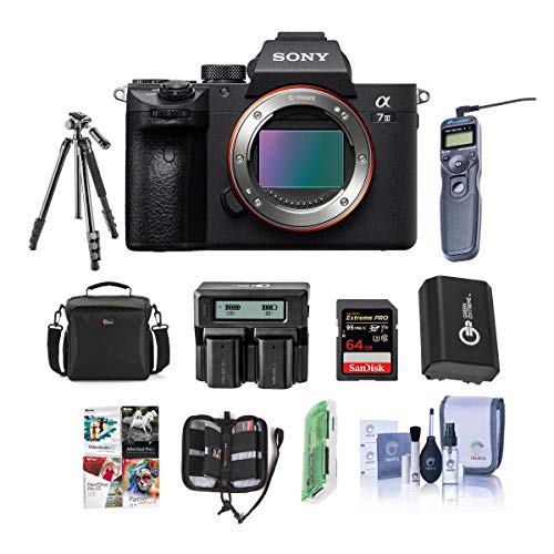Sony Alpha a7 III 24MP UHD 4K Mirrorless Digital Camera (Body Only) - Bundle 64GB SDHC U3 Card, Camera Case, Spare Battery, Tripod, Dual Charger, Remote Shutter Release, Software Package, and More