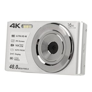 4k Digital Camera, Portable Compact Camera, 2.8 inch Screen, 16X Digital Zoom, 48 Megapixels, 4k Video Resolution, Built in Fill Flash, Suitable for Teenage Beginners (Silver)