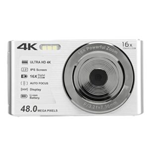 4k digital camera, portable compact camera, 2.8 inch screen, 16x digital zoom, 48 megapixels, 4k video resolution, built in fill flash, suitable for teenage beginners (silver)