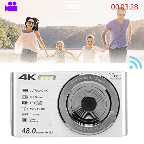 4k Digital Camera, Portable Compact Camera, 2.8 inch Screen, 16X Digital Zoom, 48 Megapixels, 4k Video Resolution, Built in Fill Flash, Suitable for Teenage Beginners (Silver)