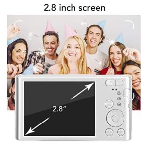 4k Digital Camera, Portable Compact Camera, 2.8 inch Screen, 16X Digital Zoom, 48 Megapixels, 4k Video Resolution, Built in Fill Flash, Suitable for Teenage Beginners (Silver)
