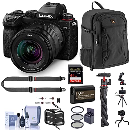 Panasonic Lumix DC-S5 Mirrorless Digital Camera with Lumix S 20-60mm L-Mount Lens Bundle with 64GB SD Card, Backpack, Shoulder Strap, Mini Tripod, Extra Battery, Filter Kit and Accessories