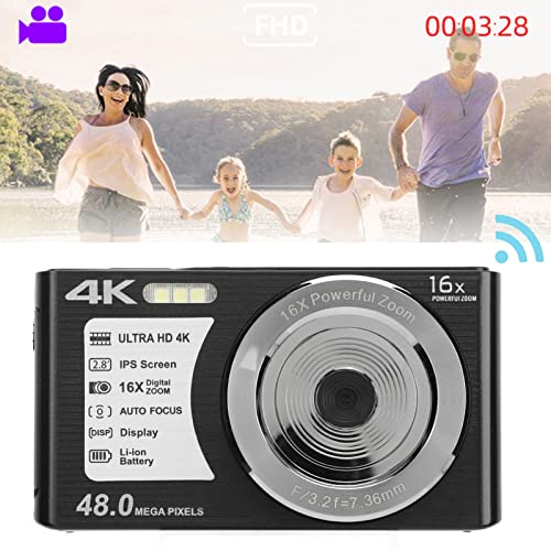 4k Digital Camera, Portable Compact Camera, 2.8 inch Screen, 16X Digital Zoom, 48 Megapixels, 4k Video Resolution, Built in Fill Flash, Suitable for Teenage Beginners (Black)