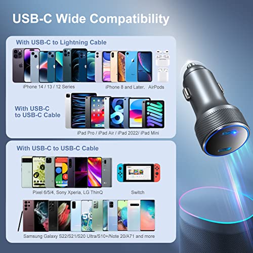 USB C Car Charger 40W, OKRAY 2-Pack Dual Port PD 3.0 Fast Charging USB Type C Car Charger Cigarette Lighter Adapter with LED Compatible with iPhone 14/13/12/11/iPad, Galaxy S22 S21 Note 20 10 (Grey)