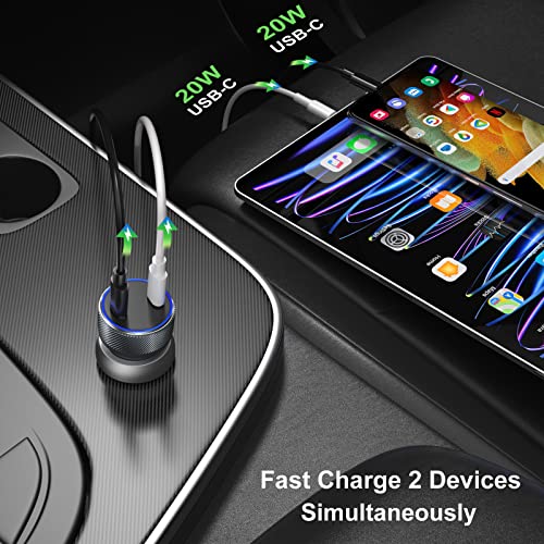 USB C Car Charger 40W, OKRAY 2-Pack Dual Port PD 3.0 Fast Charging USB Type C Car Charger Cigarette Lighter Adapter with LED Compatible with iPhone 14/13/12/11/iPad, Galaxy S22 S21 Note 20 10 (Grey)