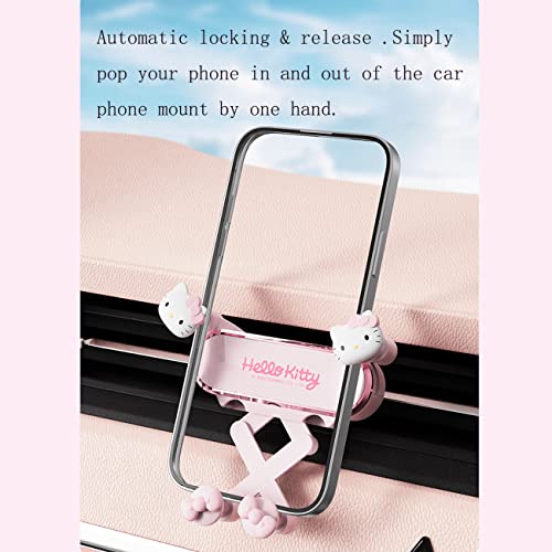 Enaiwn Cute Anime Hello Kitty Phone Mount for Car,Pink Cat Air Vent Clip Car Phone Holder Mount Fit for All Cell Phone, Pretty Car Accessories for Women and Girls (Pink)