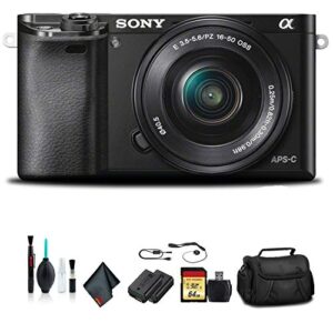 sony alpha a6000 mirrorless camera with 16-50mm lens black with soft bag, tripod, additional battery, 64gb memory card, card reader, plus essential accessories