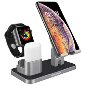 bentoben compatible with apple watch stand airpods charger dock cell phone stand, universal desktop stand charging station holder for iwatch airpods iphone ipad tablet android smartphone, space gray