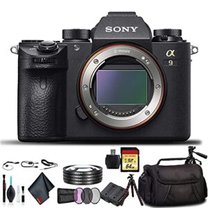sony alpha a9 mirrorless camera ilce9/b with soft bag, tripod, additional battery, 64gb memory card, card reader, plus essential accessories
