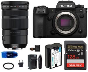 fujifilm x-h2s digital camera with xf 18-120mm f/4 lm pz wr lens bundle, includes: sandisk 128gb extreme pro sdxc memory card, spare battery and more (8 items)