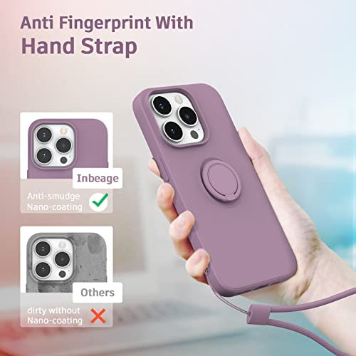 Inbeage [4 in 1 for iPhone 14 Pro Case Ring Stand,with Screen Protector+Camera Lens Protector+Hand Strap,Silky Touch Silicone Cover with 360° Kickstand,6.1 inch (Lilac Purple)