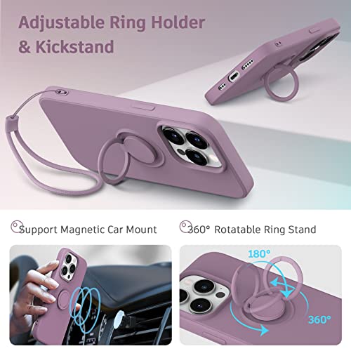 Inbeage [4 in 1 for iPhone 14 Pro Case Ring Stand,with Screen Protector+Camera Lens Protector+Hand Strap,Silky Touch Silicone Cover with 360° Kickstand,6.1 inch (Lilac Purple)