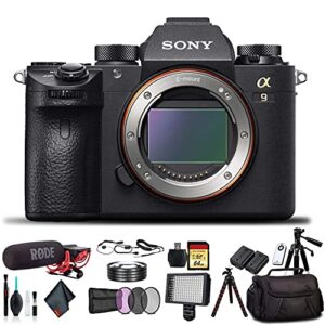 sony alpha a9 mirrorless camera ilce9/b with soft bag, tripod, additional battery, rode mic, led light, 64gb memory card, sling soft bag, card reader, plus essential accessories