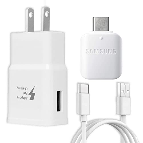 Samsung Fast Adaptive Wall Adapter Charger for Galaxy S10 S9 Plus Note 9 S8 Note 8 EP-TA20JWE - 6 Foot Type C/USB-C Cable and OTG Adapter - White