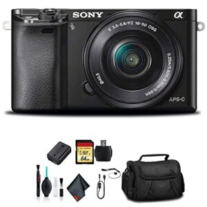sony alpha a6000 mirrorless camera with 16-50mm lens black with soft bag, 64gb memory card, card reader, plus essential accessories