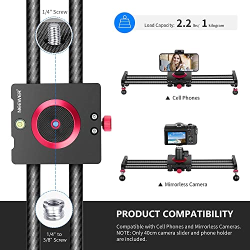 NEEWER 16"/40cm Carbon Fiber Camera Slider, Lightweight Rail Dolly Track Slider with 4 Bearings, Phone Clip, Compatible with Mirrorless Camera iPhone 13 13 Pro 13 Pro Max, Max Load 2.2lb/1kg, VS-CF50