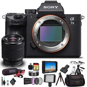 sony alpha a7 iii mirrorless camera with 28-70mm lens with soft bag, 2x extra batteries, rode mic, led light, external monitor, 2x 64gb memory card, sling soft bag, plus essential accessories