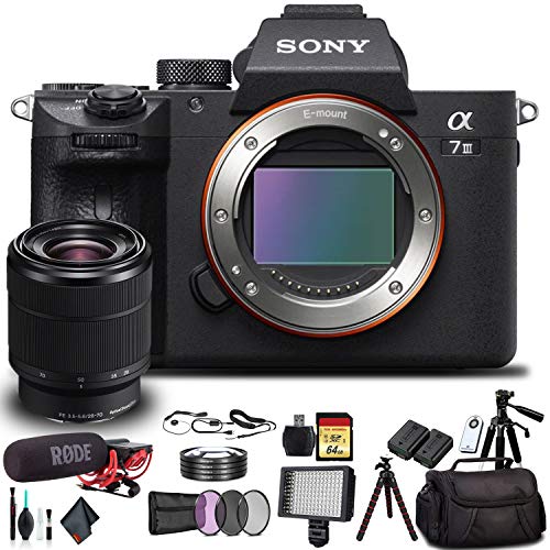 Sony Alpha a7 III Mirrorless Camera with 28-70mm Lens ILCE7M3K/B with Soft Bag, Additional Battery, Rode Mic, LED Light, 64GB Memory Card, Sling Soft Bag, Card Reader, Plus Essential Accessories